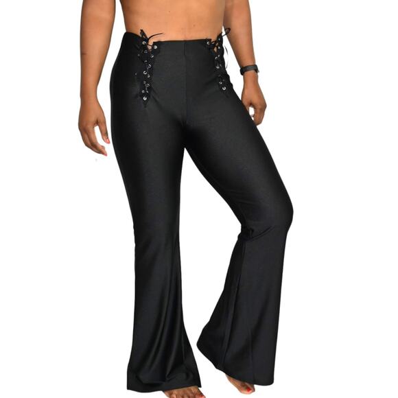 Dolls Kill Flare Pants Black Lace Up Shiny Stretch High Waist Grommet Size Small - Picture 16 of 16